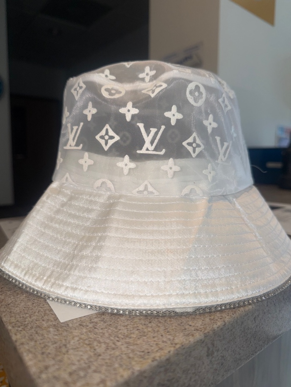 Lux White Sheer Monogram Quilted Bucket Hat with Silver  Trim